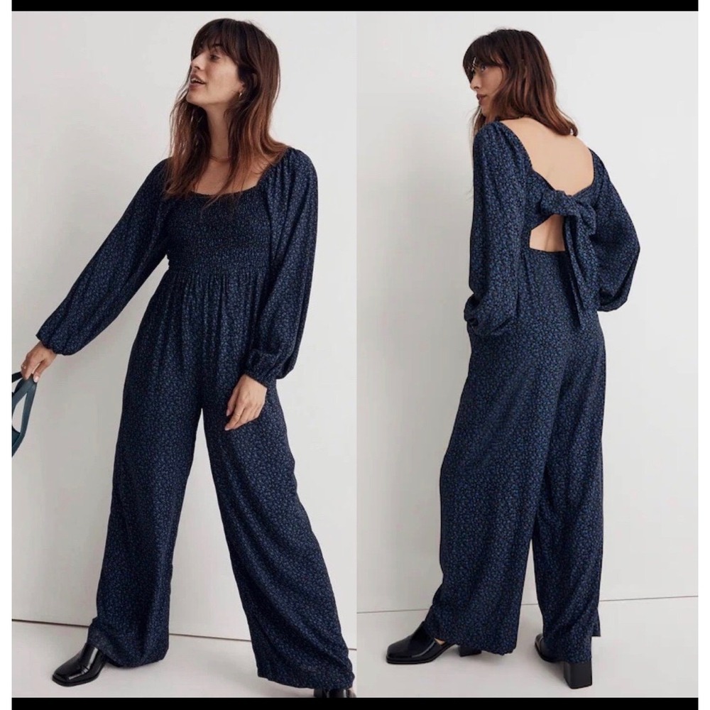 Madewell Blue Floral Smocked Wide Leg Jumpsuit Open Tie Back Long Sleeve Black
